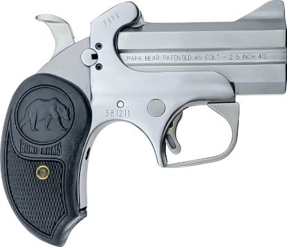 Picture of Bond Arms Bapb Papa Bear 45 Colt (Lc)/410 Gauge 2Rd 3" Stainless Steel Double Barrel & Frame, Auto Extractors & Rebounding Hammer, Blade Front/Fixed Rear Sights, Extended Rubber Grip, Manual Safety 