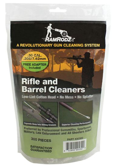 Picture of Ramrodz 30300 Rifle & Barrel Cleaning Swabs 7.62Mm/30/308 Cal Rifle Firearm Cotton/Bamboo 3" Long 300 Per Bag Includes Rifle Adapter 