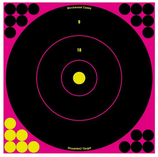 Picture of Birchwood Casey 34027 Shoot-N-C Reactive Target Black/Pink Self-Adhesive Paper Air Rifle/Rifle Pink 5 Targets Includes Pasters 