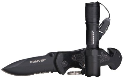 Picture of Humvee Adventure Gear Hmvkcer1 Rescue Combo 3.25" Folding Spear Point Part Serrated Stainless Steel Blade Black Aluminum Handle Features Glass Breaker/Pocket Clip/Seatbelt Cutter 