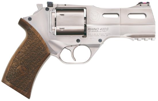 Picture of Chiappa Firearms Cf340245 Rhino 40Sar *Ca Compliant Medium Frame 357 Mag 6 Shot, 4" Nickel-Plated Steel Barrel & Cylinder, Nickel-Plated Aluminum Frame W/Picatinny Rail, Walnut Grip, Concealed Hammer 