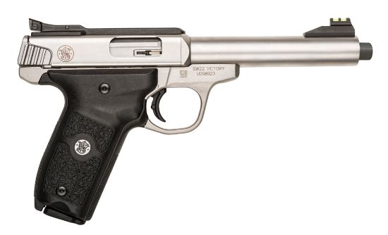 Picture of Smith & Wesson 10201 Sw22 Victory Full Size Frame 22 Lr 10+1, 5.50" Satin Stainless Steel Threaded Barrel, Slide & Frame, Black Textured Grip, Thumb Safety 