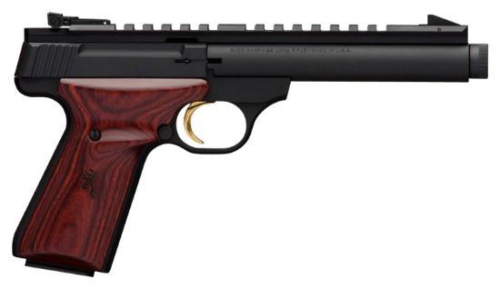 Picture of Browning 051527490 Buck Mark Field Target Sr 22 Lr 10+1 5.50" Threaded Barrel, Matte Black Serrated Steel, Optic Ready Slide & Aluminum Frame Laminate Cocobolo Grip 