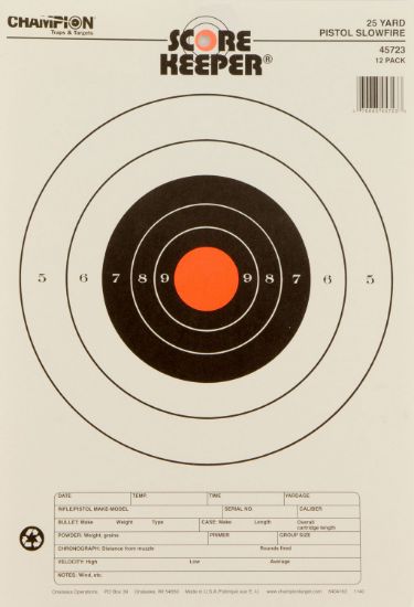 Picture of Champion Targets 45723 Score Keeper Slow Fire Bullseye Paper Hanging 25 Yds Pistol 11" X 16" Black/Orange 12 Pk 