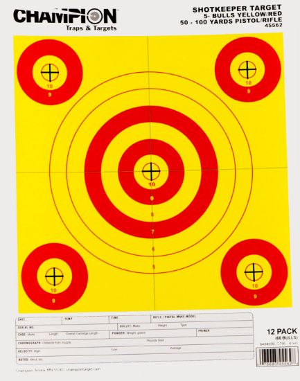 Picture of Champion Targets 45562 Shotkeeper 5-Bullseye 50-100 Yds Pistol/Rifle Yellow/Red 12 Pk 