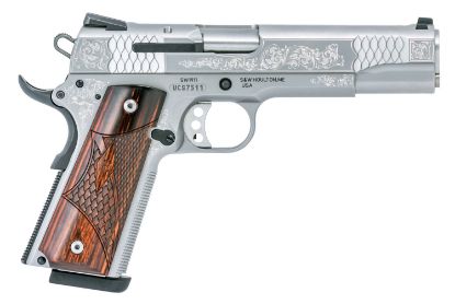 Picture of Smith & Wesson 10270 1911 E-Series Full Size Frame 45 Acp 8+1, 5" Stainless Steel Barrel, Glass Bead W/Engraving Serrated Ss Slide, Matte Silver Engraved Ss Frame W/Beavertail, Ambidextrous 