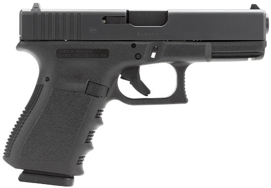 Picture of Glock Pi1950203 G19 Gen3 Compact 9Mm Luger 15+1 4.02" Black Steel Barrel, Matte Black Serrated Slide, Black Polymer Frame W/Accessory Rail, Black Finger Grooved Polymer Grip 