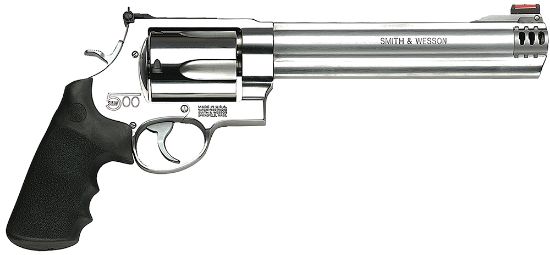 Picture of Smith & Wesson 163501 Model 500 500 S&W Mag Caliber With 8.38" Threaded Barrel, 5Rd Capacity Cylinder, Overall Satin Finish Stainless Steel, Finger Grooved Black Polymer Grip & Hiviz Front Sight 