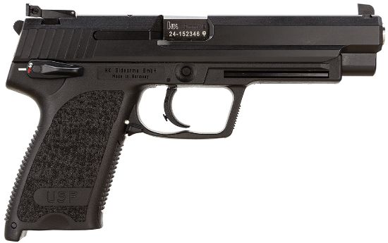 Picture of Hk 81000362 Usp Expert V1 9Mm Luger Caliber With 5.20" Barrel, 10+1 Capacity, Overall Black Finish, Serrated Trigger Guard Frame, Serrated Steel Slide & Polymer Grip Includes 2 Mags 