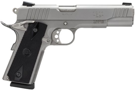 Picture of Taurus 1191109 1911 Full Size Frame 45 Acp 8+1 5" Matte Stainless Steel Barrel, Serrated Stainless Steel Slide, Matte Stainless Steel Frame W/Beavertail, Black Checkered Polymer Grip, Right Hand 