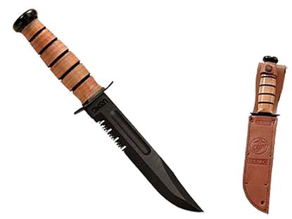 Picture of Ka-Bar 1218 Usmc Fight/Utility 7" Fixed Clip Point Part Serrated Black 1095 Cro-Van Blade. Brown Leather Handle. Includes Sheath 