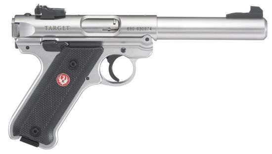 Picture of Ruger 40103 Mark Iv Target 22 Lr 10+1 5.50" Satin Stainless Bull Barrel, Satin Stainless Steel Slide, Stainless Steel Frame Drilled & Tapped Receiver, Black Checkered Polymer Grip, Right Hand 