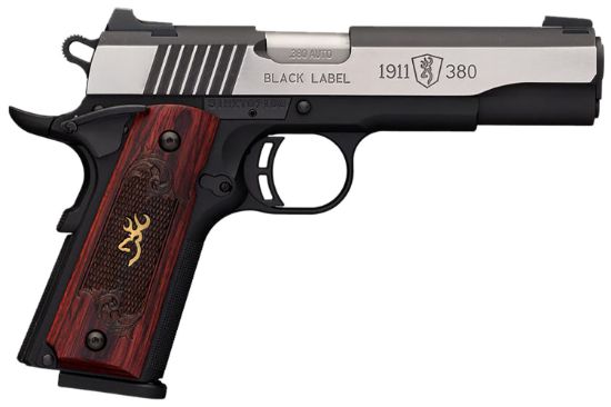 Picture of Browning 051912492 1911-380 Black Label Medallion Pro 380 Acp 8+1 4.25" Target Crown Barrel, Blackened W/Silver Polished Flats Serrated Ss Slide, Matte Black Polymer Frame W/Beavertail 