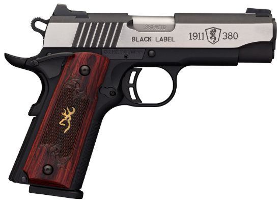 Picture of Browning 051913492 1911-380 Black Label Medallion Pro Compact 380 Acp 8+1, 3.63" Target Crown Steel Barrel, Blackened W/Silver Polished Flats Serrated Ss Slide, Matte Black Polymer Frame W/Beavertail 