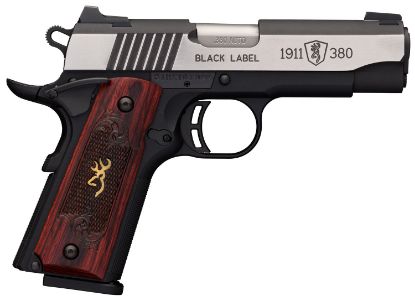 Picture of Browning 051915492 1911-380 Black Label Medallion Pro Compact 380 Acp 8+1, 3.63" Target Crown Steel Barrel, Blackened W/Silver Polished Flats Serrated Ss Slide, Matte Black Polymer Frame W/Beavertail 