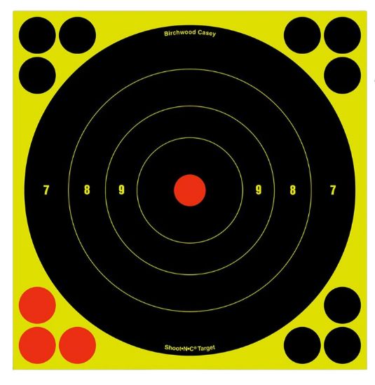 Picture of Birchwood Casey 34805 Shoot-N-C Reactive Target 8" Black/Yellow Self-Adhesive Paper Muzzleloader/Shotgun Chartreuse 6 Targets Includes Pasters 