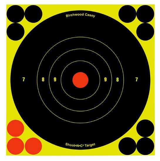 Picture of Birchwood Casey 34550 Shoot-N-C Reactive Target Self-Adhesive Paper Pistol/Rifle Black/Yellow 4- 6" Bullseye Includes Pasters 60 Per Pkg 