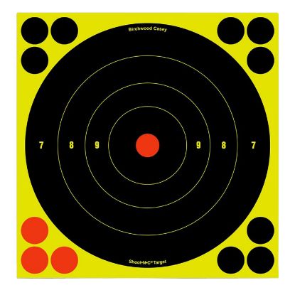 Picture of Birchwood Casey 34825 Shoot-N-C Reactive Target Self-Adhesive Paper Muzzleloader/Shotgun Black/Yellow 200+ Yds 8" Bullseye Includes Pasters 30 Per Pkg 