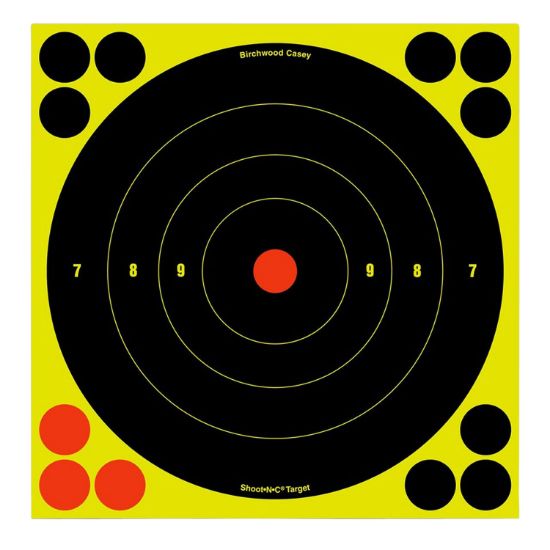 Picture of Birchwood Casey 34825 Shoot-N-C Reactive Target Self-Adhesive Paper Muzzleloader/Shotgun Black/Yellow 200+ Yds 8" Bullseye Includes Pasters 30 Per Pkg 