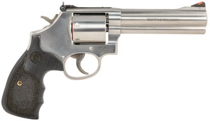 Picture of Smith & Wesson 150854 Model 686 Plus 38 S&W Spl +P, 357 Mag 7Rd 5" Stainless Steel Barrel & Cylinder Satin Stainless Steel Frame With Black & Silver Custom Wood Grip & Red Ramp Front Sight 