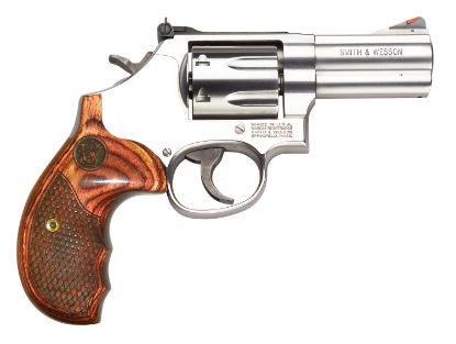 Picture of Smith & Wesson 150713 Model 686 Plus Deluxe 357 Mag Or 38 S&W Spl +P Stainless Steel 3" Barrel & 7Rd Cylinder, Satin Stainless Steel L-Frame, Textured Wood Grip, Internal Lock 