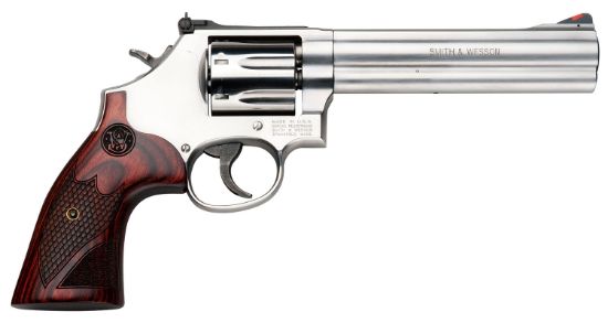 Picture of Smith & Wesson 150712 Model 686 Plus Deluxe 357 Mag Or 38 S&W Spl +P Stainless Steel 6" Barrel, 7Rd Cylinder, Satin Stainless Steel L-Frame, Textured Wood Grip, Internal Lock 