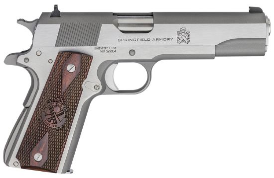 Picture of Springfield Armory Pb9151lca 1911 Mil-Spec *Ca Compliant 45 Acp 7+1, 5" Stainless Match Grade Steel Barrel, Serrated Stainless Steel Slide & Frame W/Beavertail, Crossed Cannon Cocobolo Grip 