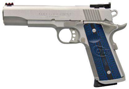 Picture of Colt Mfg O5070xe Gold Cup Trophy 45 Acp 8+1 5" Steel Barrel, Stainless Steel Serrated Slide & Frame W/Beavertail, Competition Blue G10 Grips, Ambidextrous 