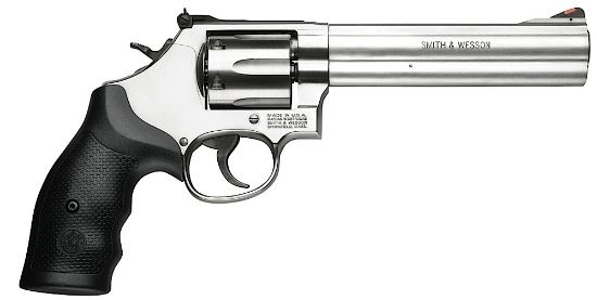 Picture of Smith & Wesson 164224 Model 686 357 Mag Or 38 S&W Spl +P Stainless Steel 6" Barrel & 6Rd Cylinder, Satin Stainless Steel L-Frame, Red Ramp Front/Adjustable White Outline Rear Sights Internal Lock 