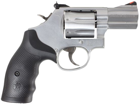 Picture of Smith & Wesson 164192 Model 686 Plus 357 Mag Or 38 S&W Spl +P Stainless Steel 2.50" Barrel, 7 Shot, Satin Stainless Steel L-Frame, Red Ramp Front/Adjustable White Outline Rear Sights, Internal Lock 