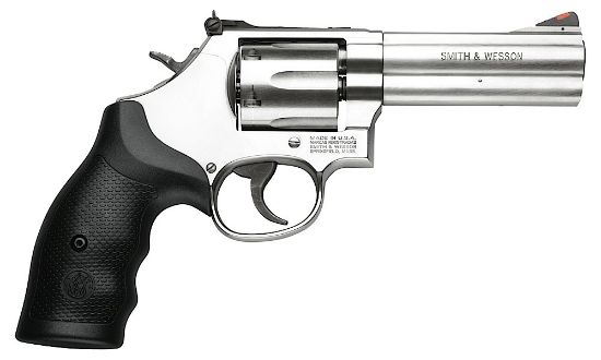 Picture of Smith & Wesson 164222 Model 686 357 Mag Or 38 S&W Spl +P Stainless Steel 4.12" Barrel, 6 Shot, Satin Stainless Steel L-Frame, Red Ramp Front/White Outline Rear Sights Internal Lock 