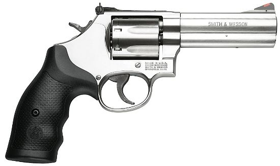 Picture of Smith & Wesson 164194 Model 686 Plus 357 Mag Or 38 S&W Spl +P Stainless Steel 4.12" Barrel, 7 Shot, Satin Stainless Steel L-Frame, Red Ramp Front/White Outline Rear Sights, Internal Lock 