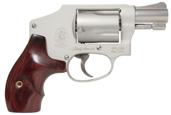 Picture of Smith & Wesson 163808 Model 642 Ladysmith 38 S&W Spl +P 5 Shot 1.88" Stainless Steel Barrel/Cylinder, Matte Silver Aluminum Alloy J-Frame, Wood Grip, Snag-Free Enclosed Hammer, Internal Lock 