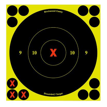 Picture of Birchwood Casey 34560 Shoot-N-C Reactive Target Self-Adhesive Paper Air Rifle/Centerfire Rifle/Rimfire Rifle Black/Yellow 6" X-Bullseye Includes Pasters 60 Per Pkg 