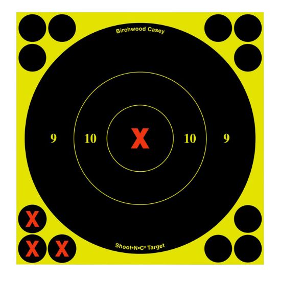 Picture of Birchwood Casey 34560 Shoot-N-C Reactive Target Self-Adhesive Paper Air Rifle/Centerfire Rifle/Rimfire Rifle Black/Yellow 6" X-Bullseye Includes Pasters 60 Per Pkg 