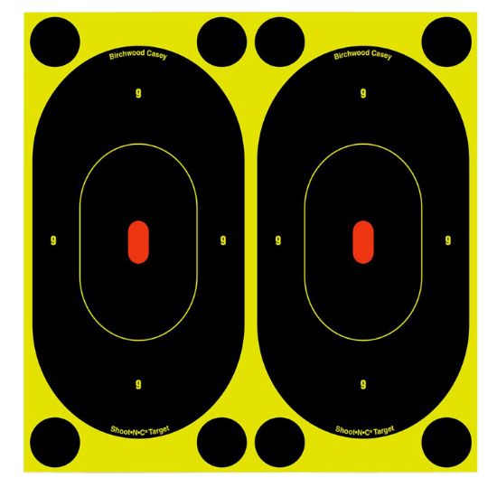 Picture of Birchwood Casey 34750 Shoot-N-C Reactive Target Self-Adhesive Paper Handgun Black/Yellow Silhouette Includes Pasters 60 Per Pkg 