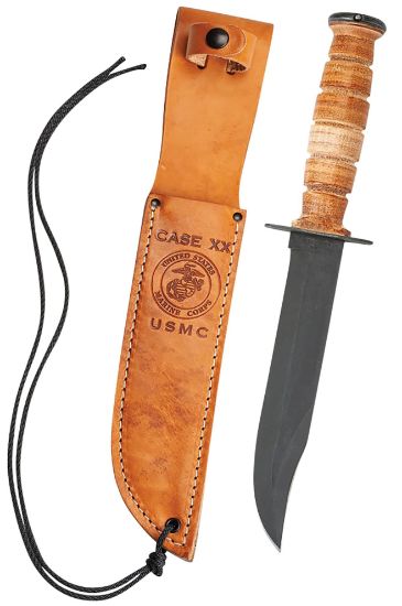 Picture of Case 00334 Usmc 7" Fixed Clip Point Plain Blackened 1095 Carbon Steel Blade Grooved Leather Handle 