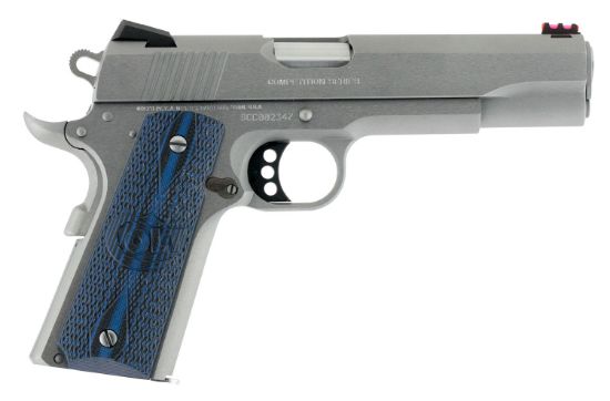 Picture of Colt Mfg O1070ccs Competition Government 45 Acp 8+1 5" Stainless National Match Barrel, Serrated Slide & Frame W/Beavertail, Checkered Blue G10 Grip, Ambidextrous 