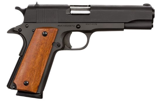 Picture of Rock Island 51421 Gi Standard Fs *Ca Compliant 45 Acp Caliber With 5" Barrel, 8+1 Capacity, Overall Black Parkerized Finish Steel, Beavertail Frame, Serrated Slide & Wood Grip 