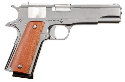 Picture of Rock Island 51433 Gi Standard Fs 45 Acp Caliber With 5" Barrel, 8+1 Capacity, Overall Polished Nickel Finish Steel, Beavertail Frame, Serrated Slide & Wood Grip 