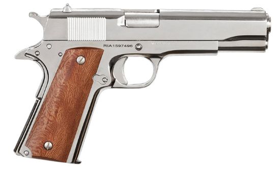 Picture of Rock Island 51814 Gi Standard Fs *Ca Compliant 38 Super Caliber With 5" Barrel, 10+1 Capacity, Overall Polished Nickel Finish Steel, Beavertail Frame, Serrated Slide & Wood Grip 