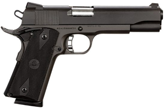 Picture of Rock Island 51431 Rock Standard Fs 45 Acp Caliber With 5" Barrel, 8+1 Capacity, Overall Black Parkerized Finish Steel, Beavertail Frame, Serrated Slide & Black Rubber Grip 