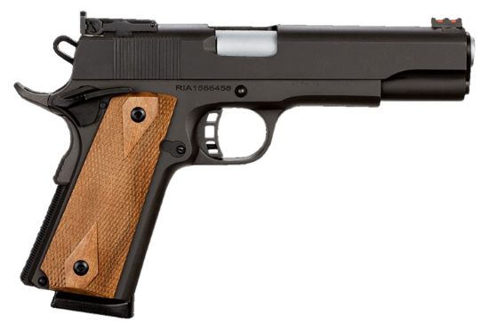 Picture of Rock Island 51434 Pro Ultra Match *Ca Compliant 45 Acp Caliber With 5" Barrel, 8+1 Capacity, Overall Black Parkerized Finish Steel, Beavertail Frame, Serrated Slide & Checkered Wood Grip 