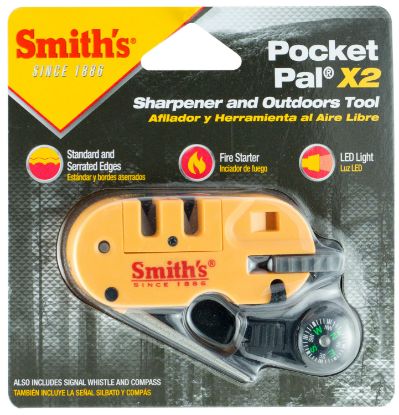 Picture of Smiths Products 50364 Pocket Pal X2 Sharpener And Outdoor Tool Hand Held Fine/Medium/Coarse Carbide, Ceramic, Diamond Sharpener Plastic Handle Yellow 