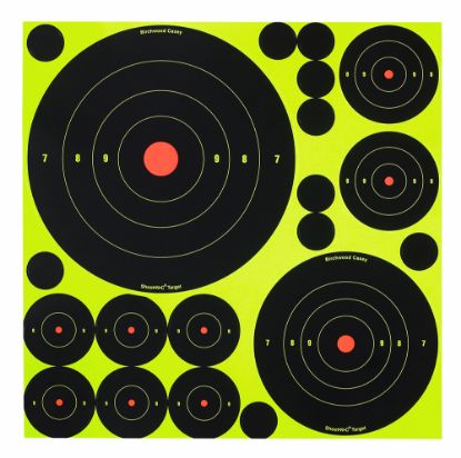 Picture of Birchwood Casey 34018 Shoot-N-C Reactive Target Variety Pack Self-Adhesive Paper Black/Yellow 200+ Yds Bullseye 50 Targets 