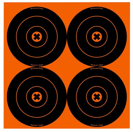 Picture of Birchwood Casey 36612 Big Burst Revealing Target Self-Adhesive Paper Black/Orange 6" Bullseye 12 Pk 