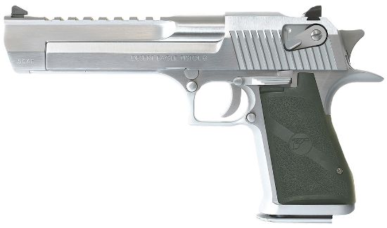 Picture of Magnum Research De50bc Desert Eagle Mark Xix 50 Ae Caliber With 6" Picatinny Rail Barrel, 7+1 Capacity, Overall Brushed Chrome Finish Carbon Steel, Beavertail Frame, Serrated Slide & Black Rubber Grip