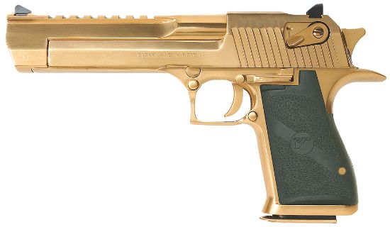 Picture of Magnum Research De50tg Desert Eagle Mark Xix 50 Ae Caliber With 6" Picatinny Rail Barrel, 7+1 Capacity, Overall Titanium Gold Finish Carbon Steel, Beavertail Frame, Serrated Slide & Black Rubber Grip 