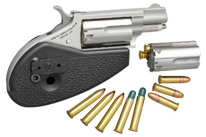 Picture of North American Arms 22Mschg Mini-Revolver 22 Lr Or 22 Wmr 5 Rd 1.13" Barrel, Overall Stainless Steel Finish, Black Synthetic Holster Grip, Includes Cylinders 