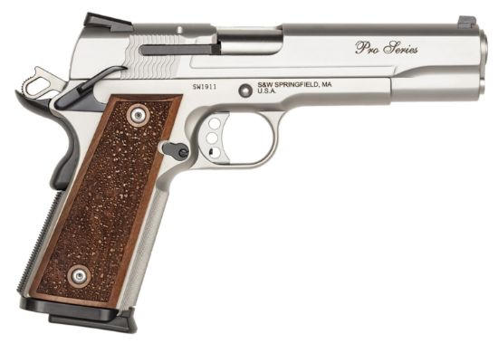 Picture of Smith & Wesson 178017 1911 Performance Center Pro Full Size Frame 9Mm Luger 10+1, 5" Stainless Steel Barrel, Matte Silver Serrated Stainless Steel Slide & Frame W/Beavertail, Wood Grip 